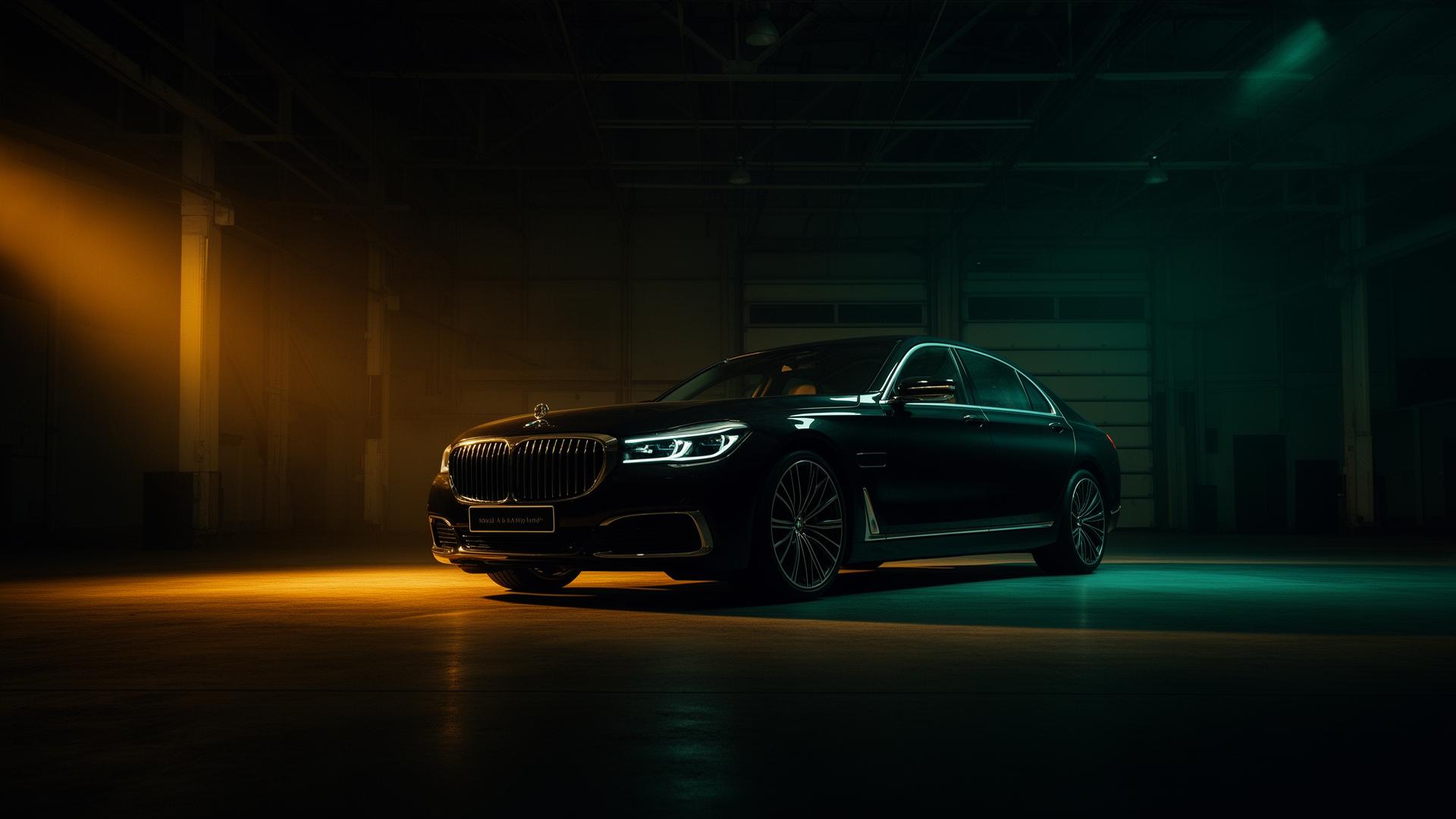 Luxury sedan under dramatic warehouse lighting